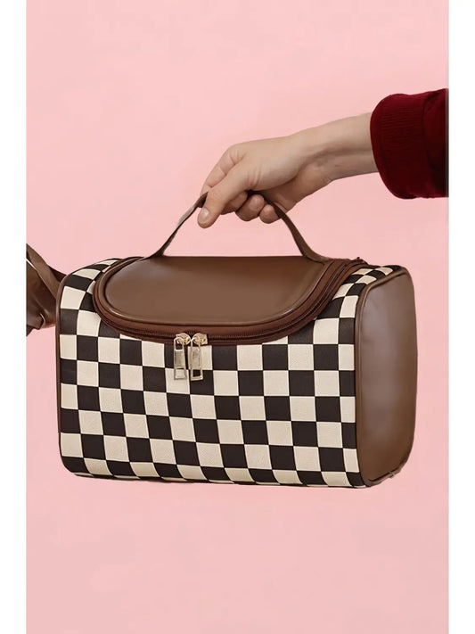 Checkered Leather Zipper Makeup Bag