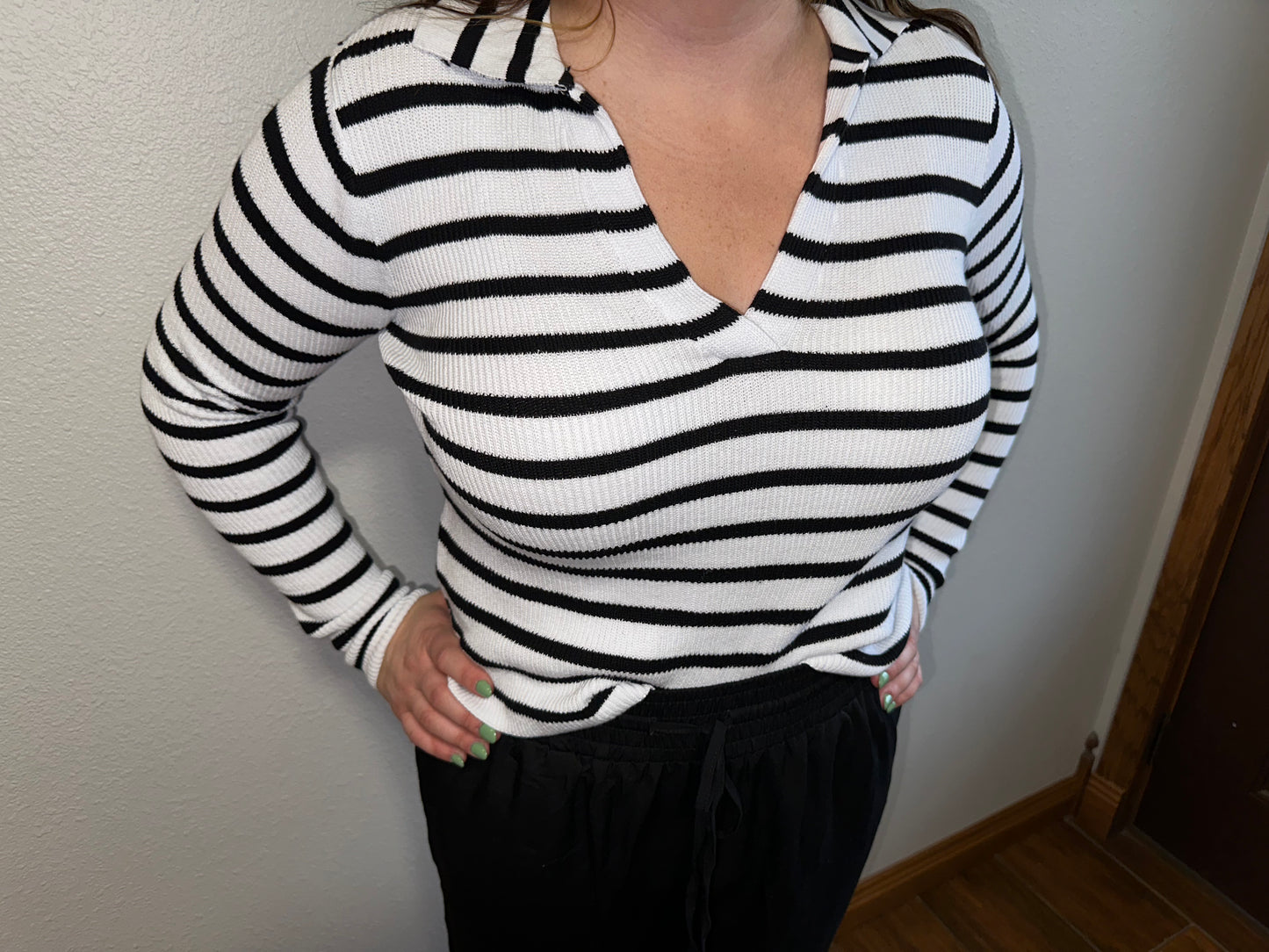 Striped Collared V Neck Sweater