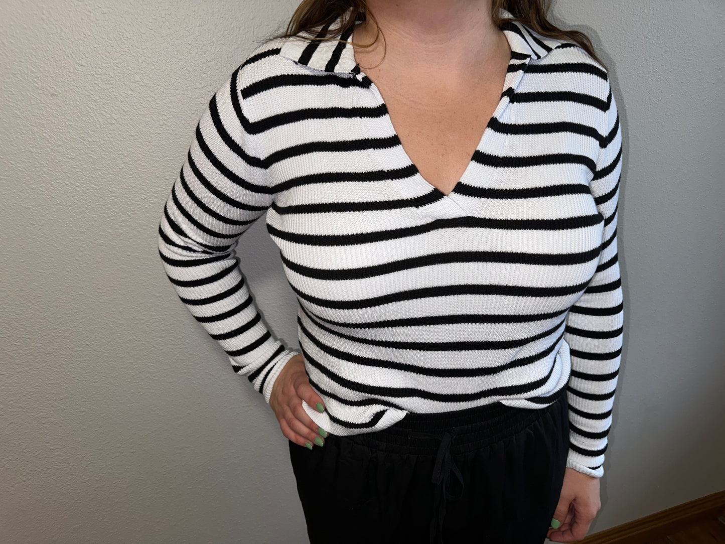 Striped Collared V Neck Sweater