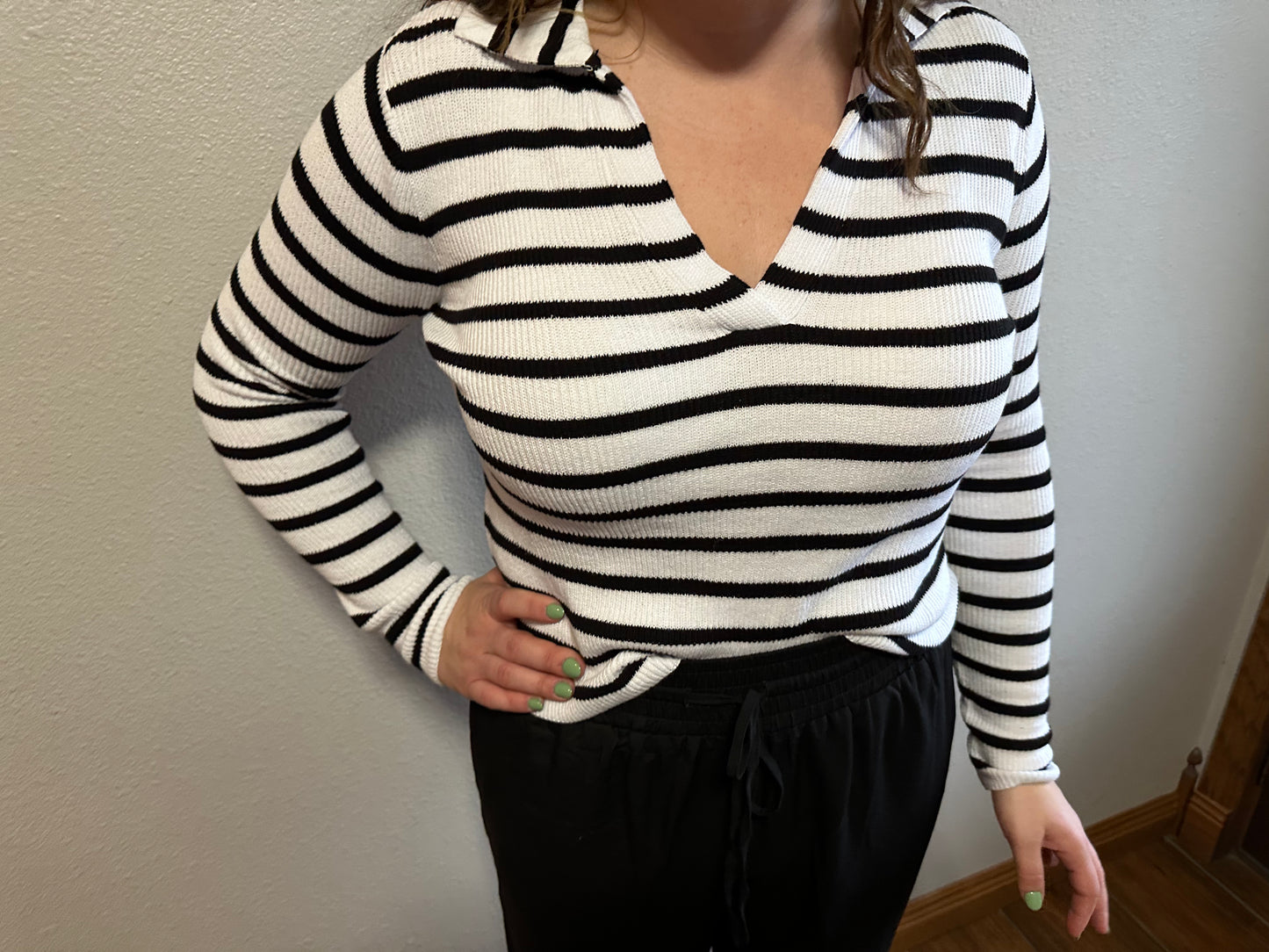 Striped Collared V Neck Sweater