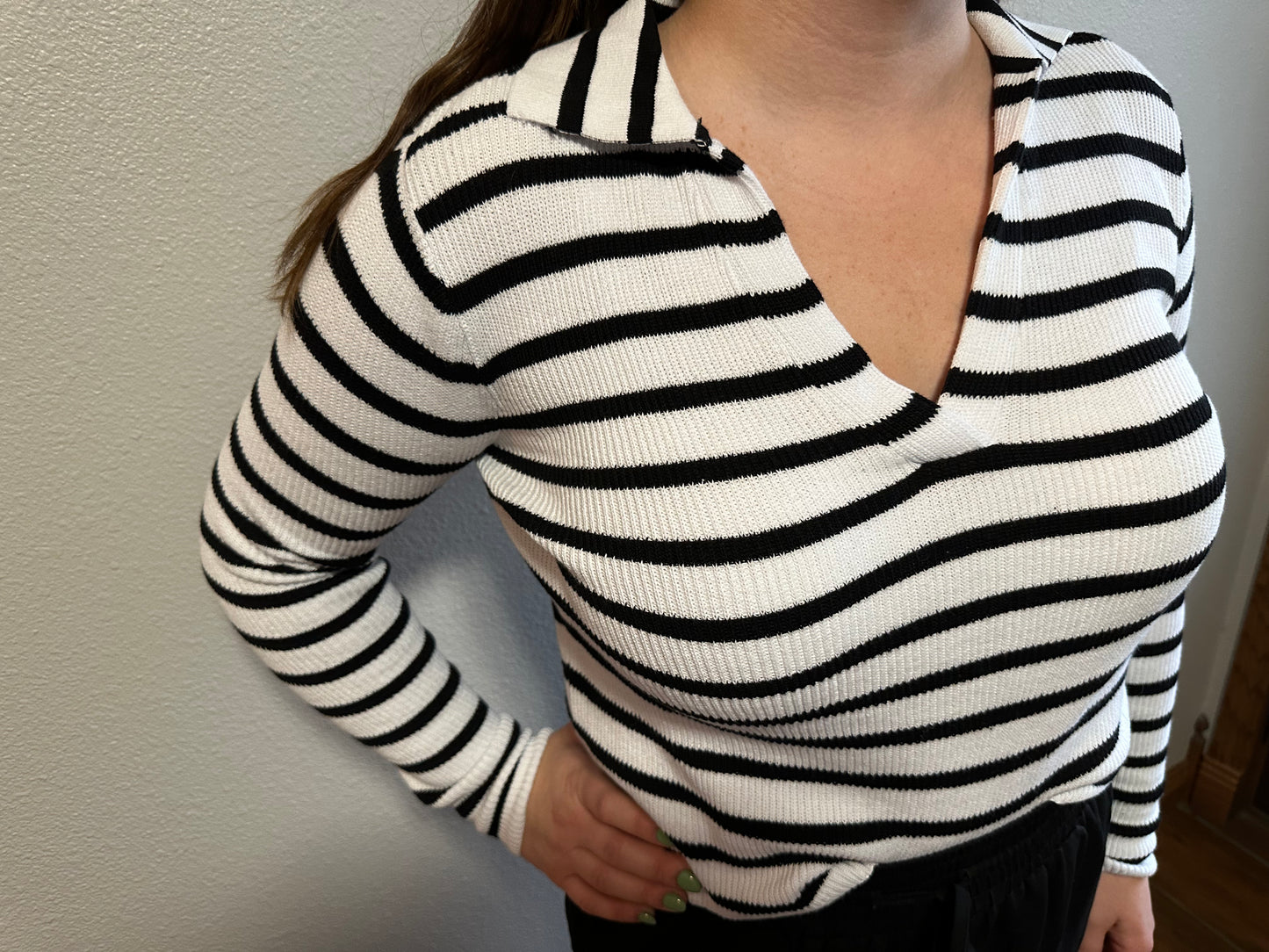 Striped Collared V Neck Sweater